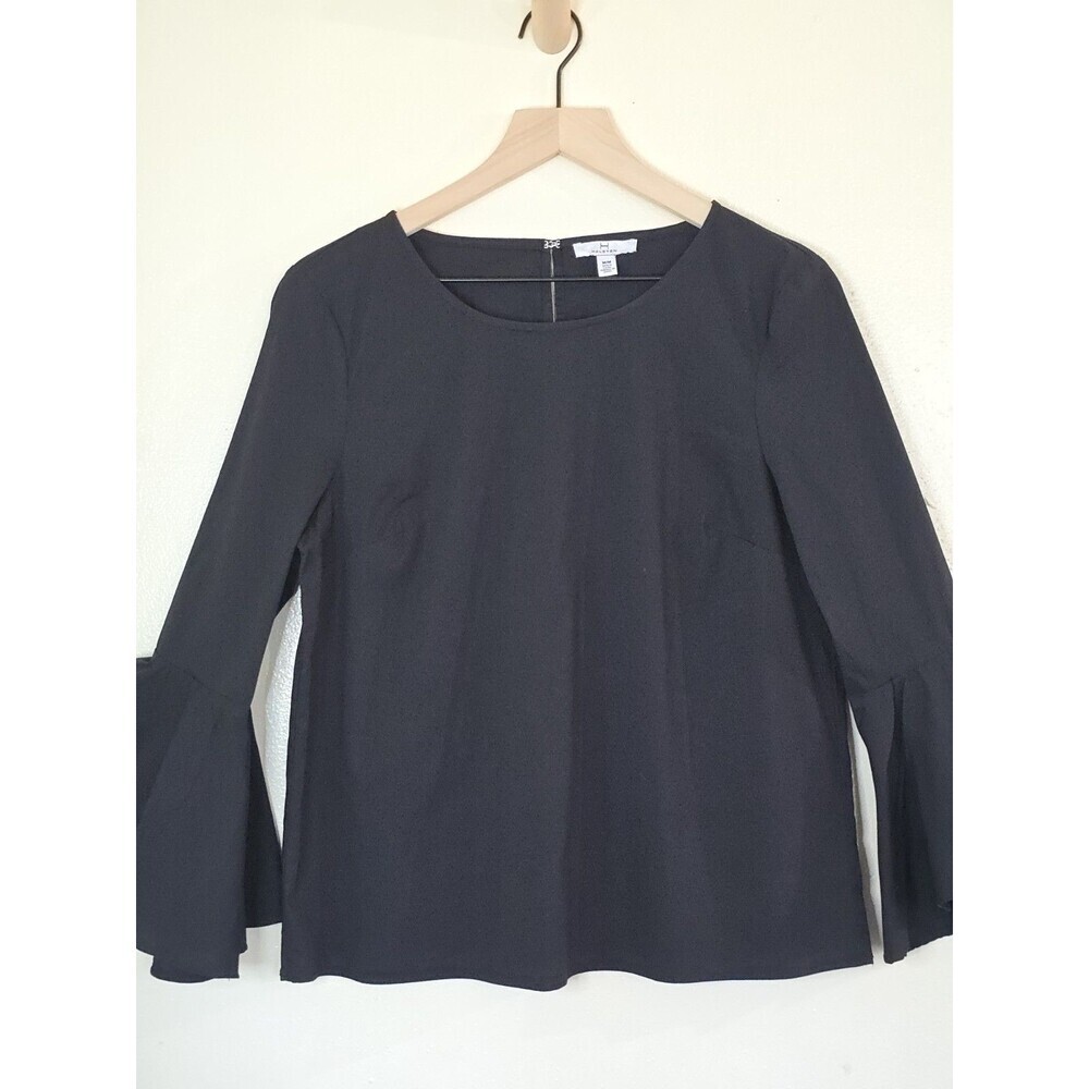 HALSTON Black Bell Sleeve Blouse Top Women Medium Flare Sleeve Stretch - Picture 5 of 8